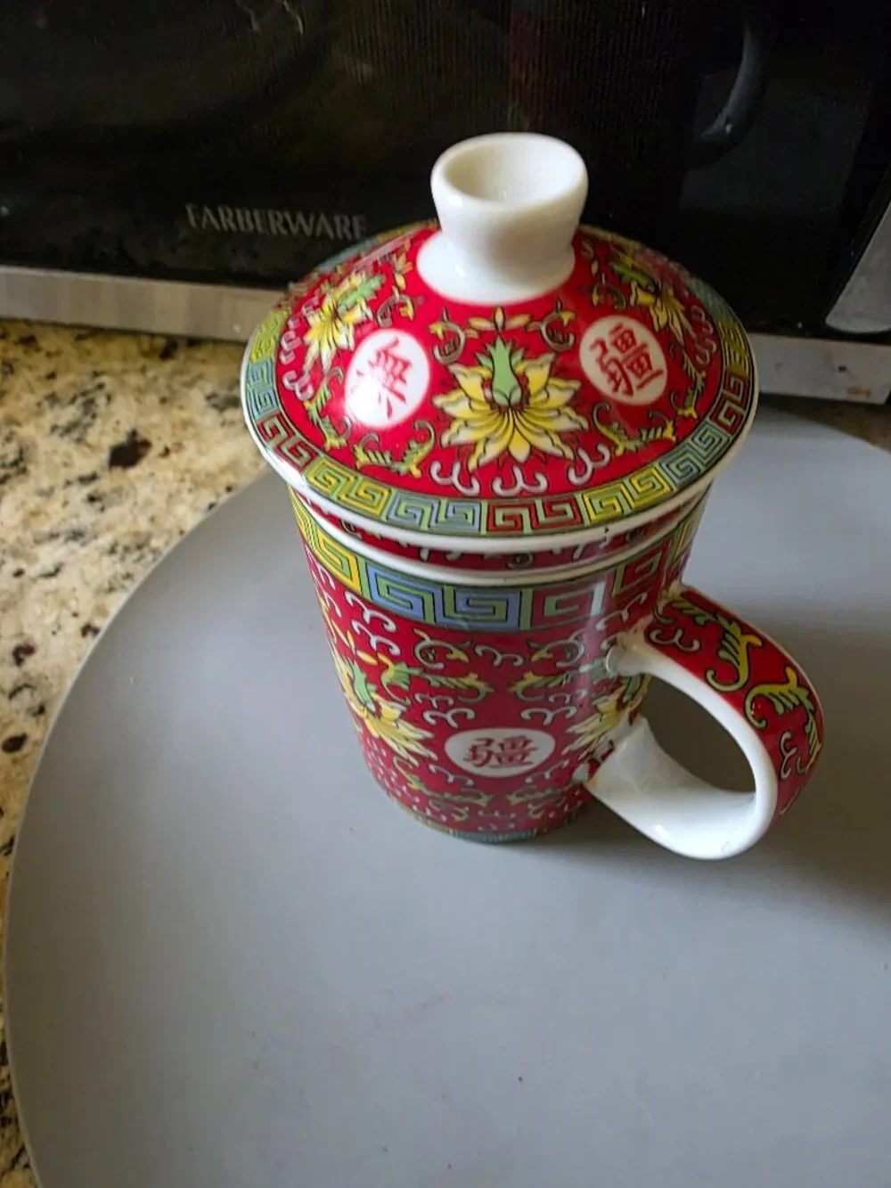 Chinese Porcelain Tea Infuser Mug w/ Lid Red Floral Asian Tea Brewing Cup